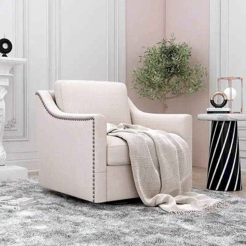 Um 360 Grad drehbarer Sessel aus Baumwoll-Leinen-Stoff, ergonomisches Design, dekorative Messingnägel, Wohnzimmerstuhl mit schwarzen Beinen