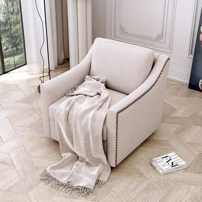 Um 360 Grad drehbarer Sessel aus Baumwoll-Leinen-Stoff, ergonomisches Design, dekorative Messingnägel, Wohnzimmerstuhl mit schwarzen Beinen