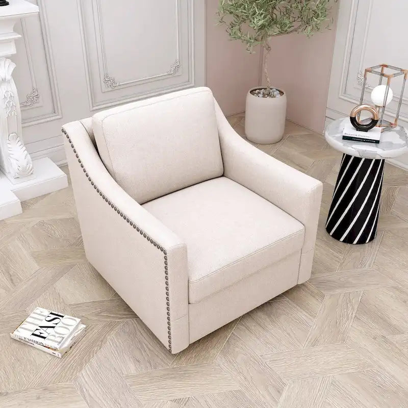 Um 360 Grad drehbarer Sessel aus Baumwoll-Leinen-Stoff, ergonomisches Design, dekorative Messingnägel, Wohnzimmerstuhl mit schwarzen Beinen