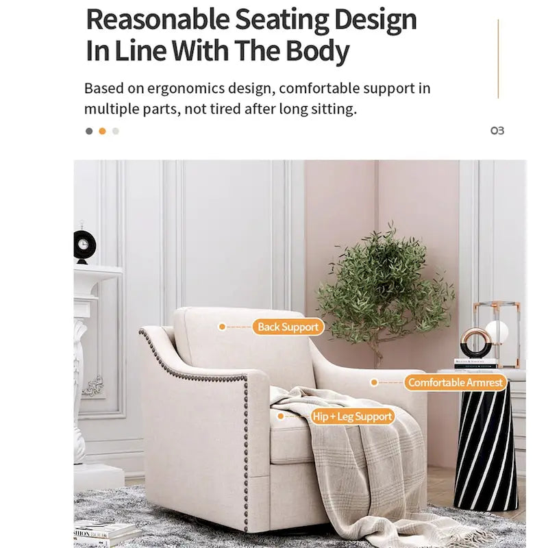 Um 360 Grad drehbarer Sessel aus Baumwoll-Leinen-Stoff, ergonomisches Design, dekorative Messingnägel, Wohnzimmerstuhl mit schwarzen Beinen