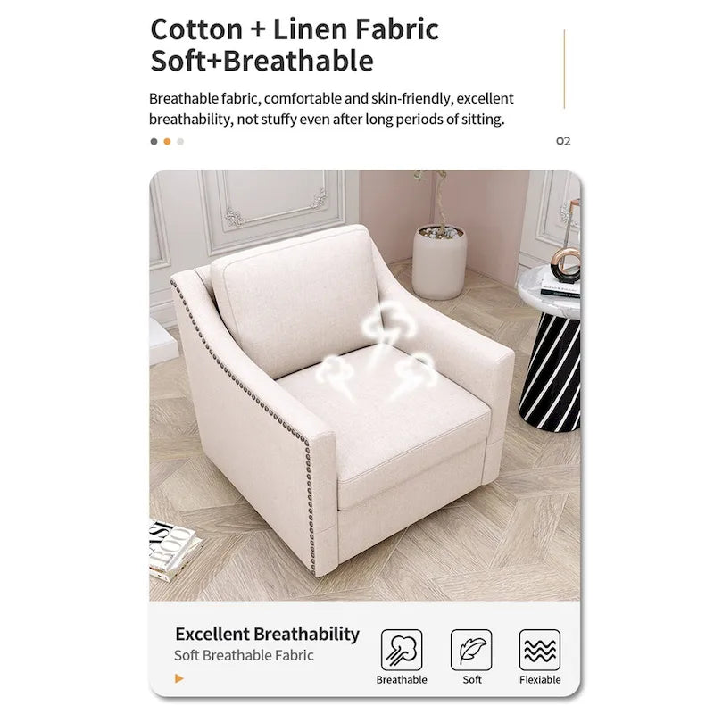 Um 360 Grad drehbarer Sessel aus Baumwoll-Leinen-Stoff, ergonomisches Design, dekorative Messingnägel, Wohnzimmerstuhl mit schwarzen Beinen