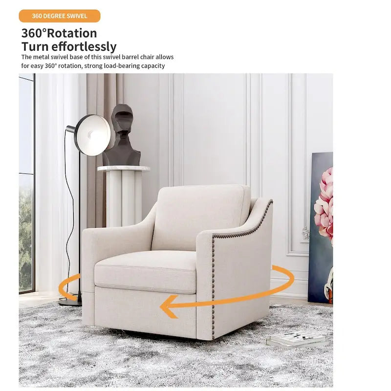 Um 360 Grad drehbarer Sessel aus Baumwoll-Leinen-Stoff, ergonomisches Design, dekorative Messingnägel, Wohnzimmerstuhl mit schwarzen Beinen