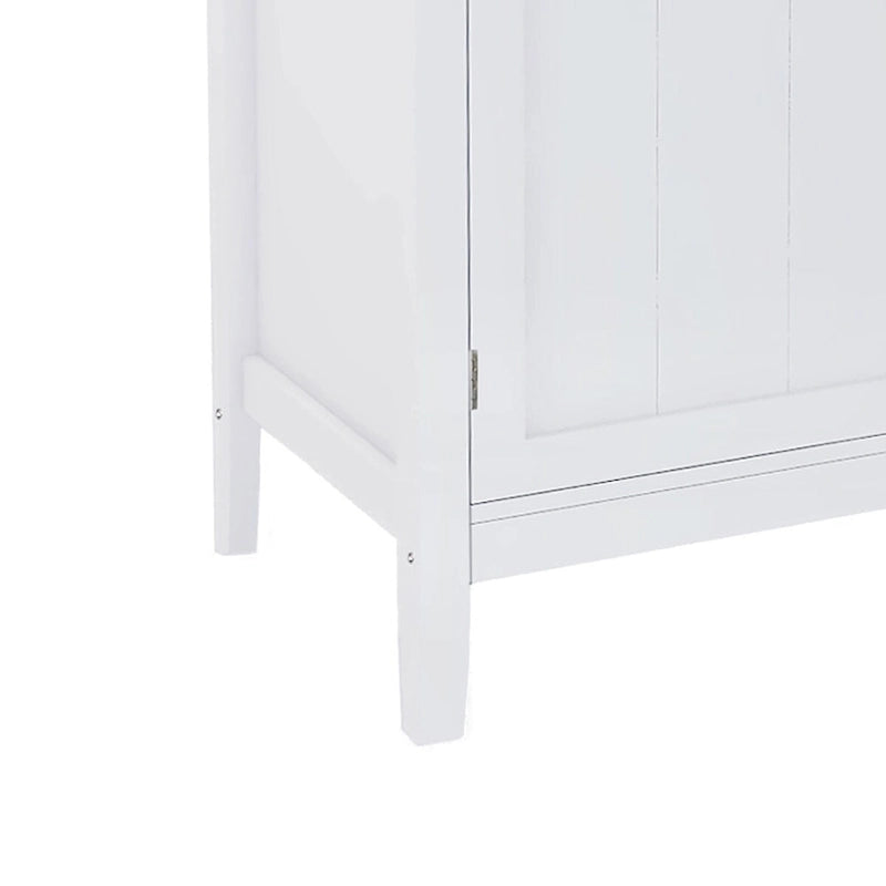 Credenza classica minimalista in legno con un'anta e vano portaoggetti aperto