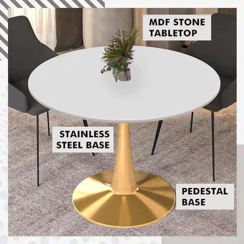 Runder Esstisch mit 40-Zoll-Durchmesser, MDF-Tischplatte und goldenem Stahlgestell