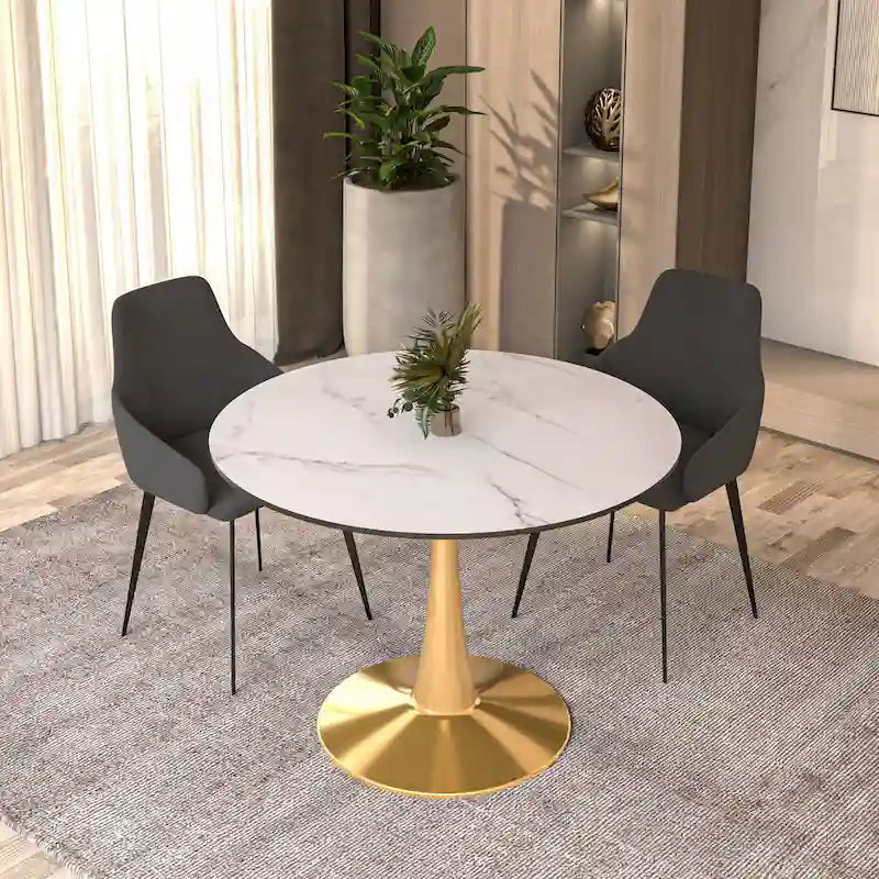 Runder Esstisch mit 40-Zoll-Durchmesser, MDF-Tischplatte und goldenem Stahlgestell