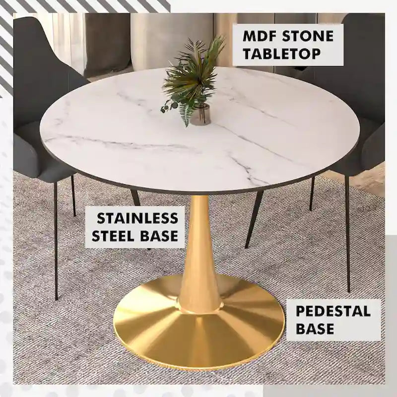 Runder Esstisch mit 40-Zoll-Durchmesser, MDF-Tischplatte und goldenem Stahlgestell