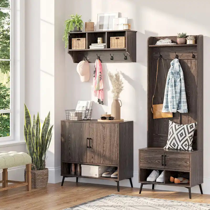Vestiaire avec banc d'entrée, rangement pour chaussures et patères