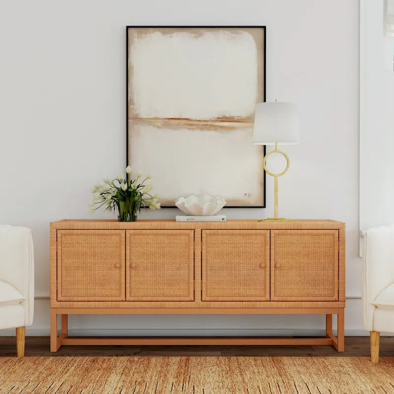 Rattan-Accented 4-Door 76-Inch Storage Sideboard for Living Room