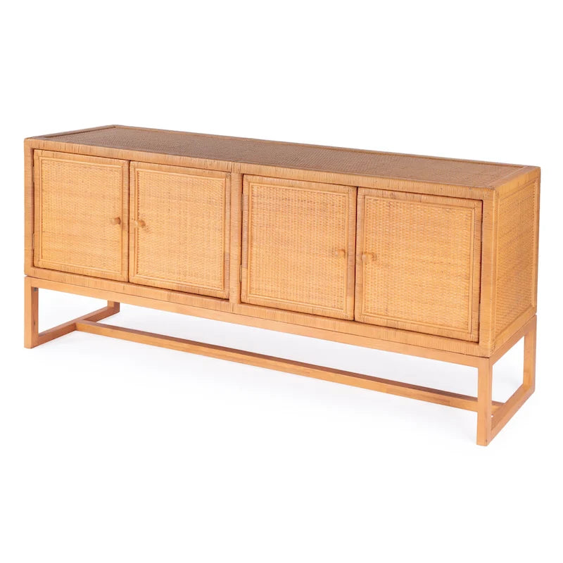 Rattan-Accented 4-Door 76-Inch Storage Sideboard for Living Room