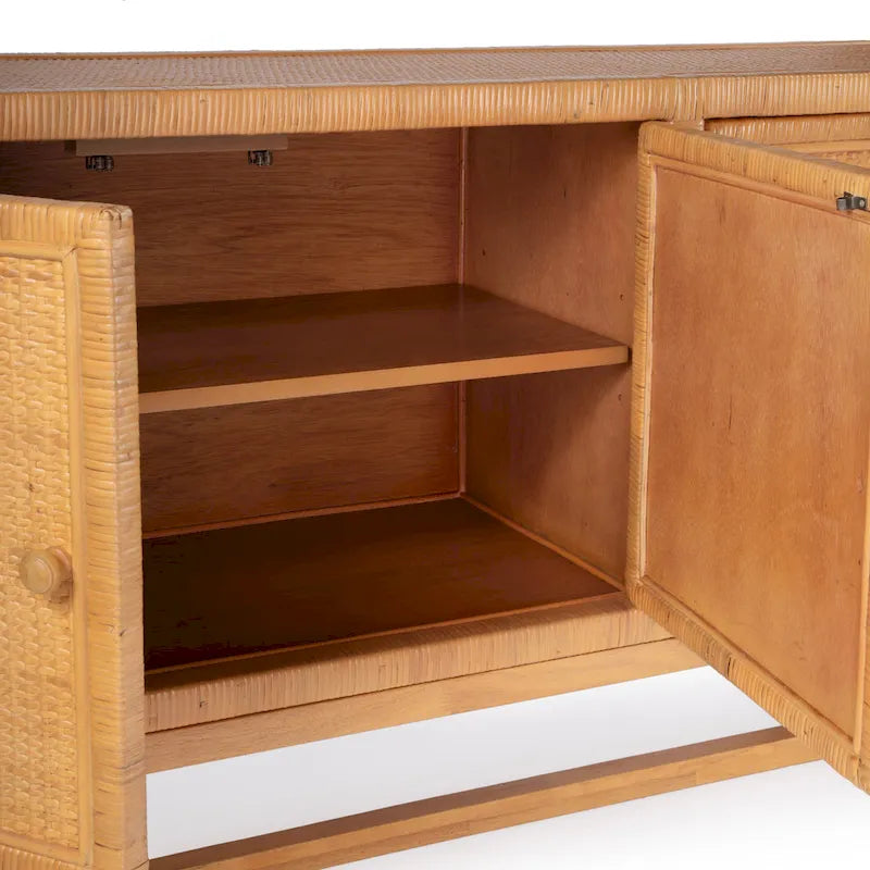 Rattan-Accented 4-Door 76-Inch Storage Sideboard for Living Room