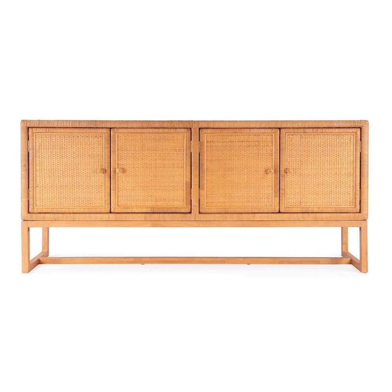 Rattan-Accented 4-Door 76-Inch Storage Sideboard for Living Room