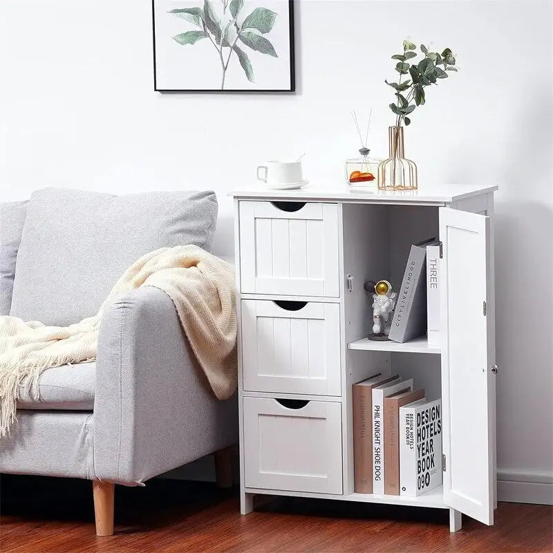 Freestanding Bathroom Floor Cabinet with 3 Drawers and Cupboard