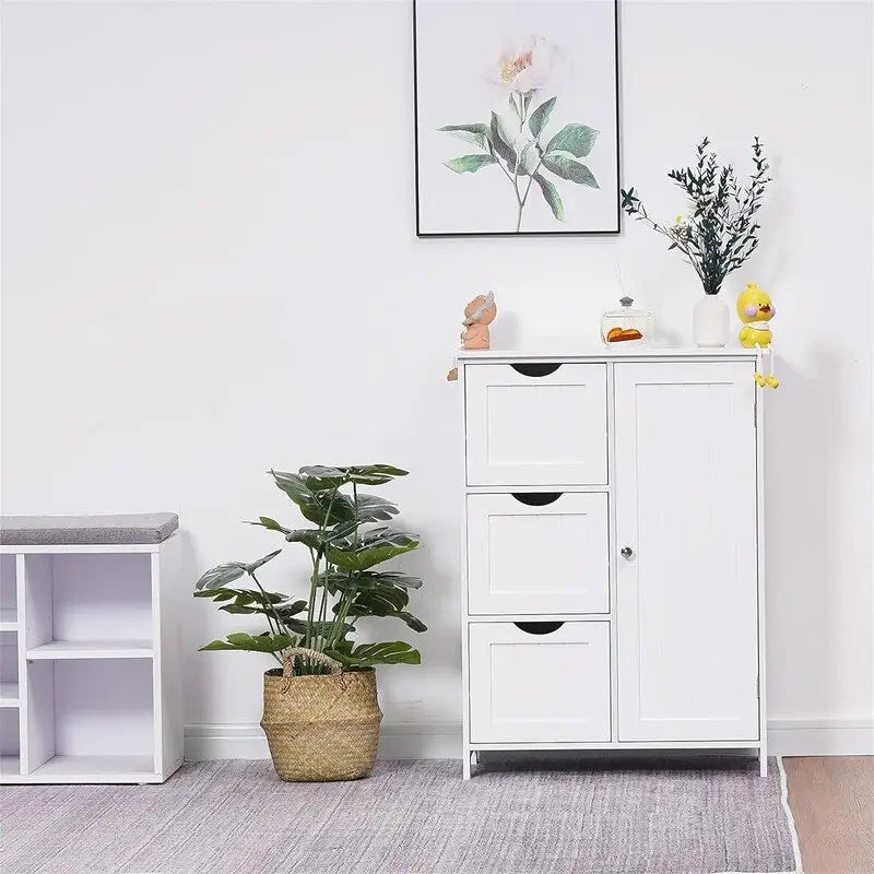 Freestanding Bathroom Floor Cabinet with 3 Drawers and Cupboard
