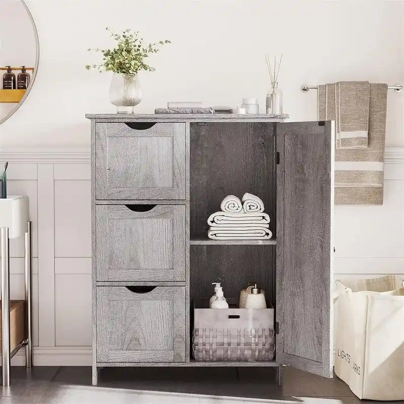 Mobiletto da bagno a pavimento autoportante con 3 cassetti e armadietto