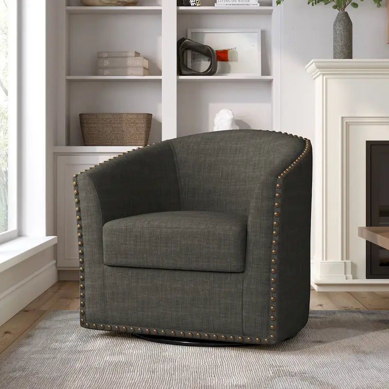Poltrona girevole moderna imbottita in lino con borchie decorative