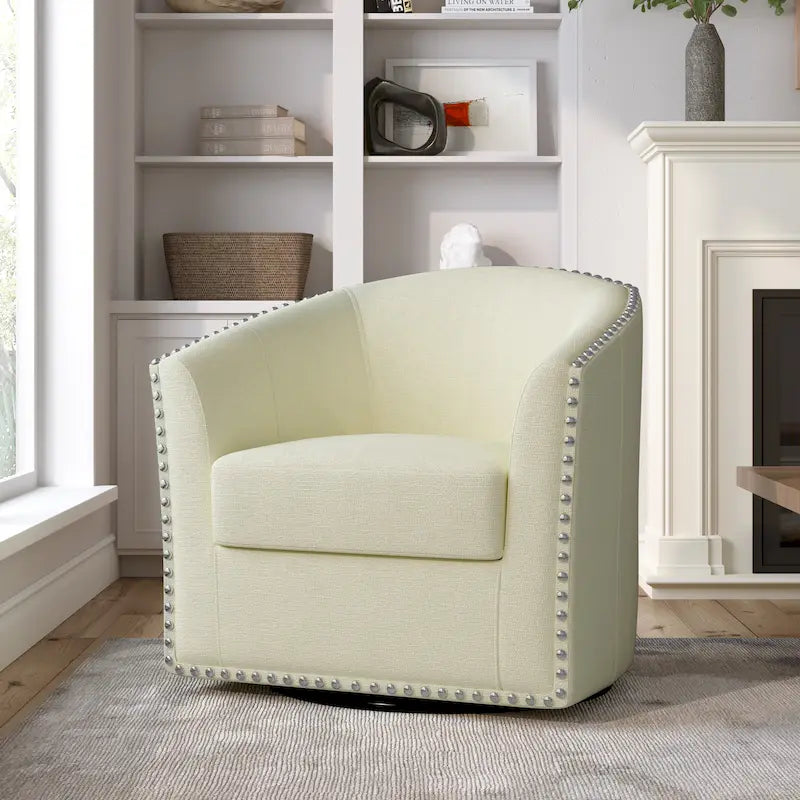 Poltrona girevole moderna imbottita in lino con borchie decorative