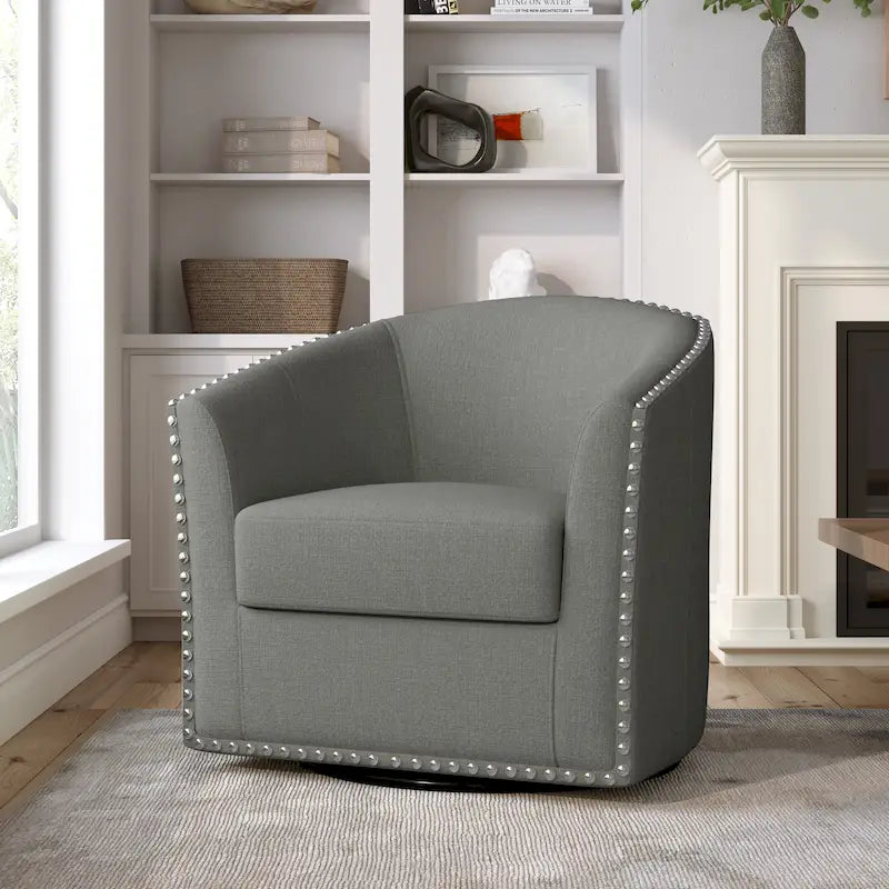 Poltrona girevole moderna imbottita in lino con borchie decorative