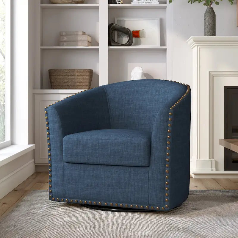 Nowoczesny tapicerowany fotel obrotowy z lnianą tapicerką i ozdobnymi gwoździami