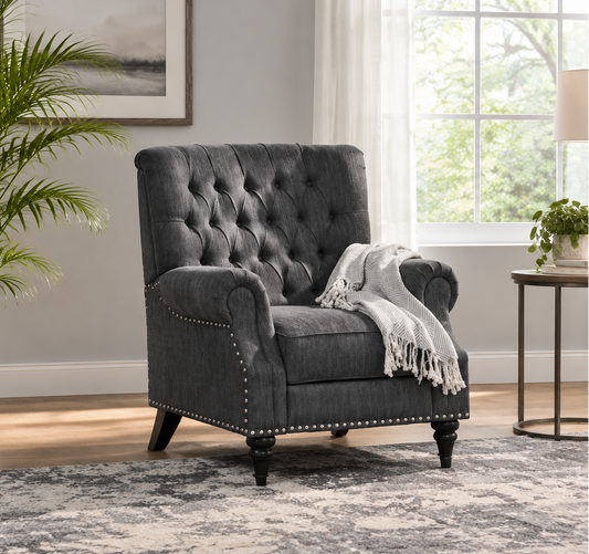 Fabric and Rubberwood Recliner with Nailhead Trim